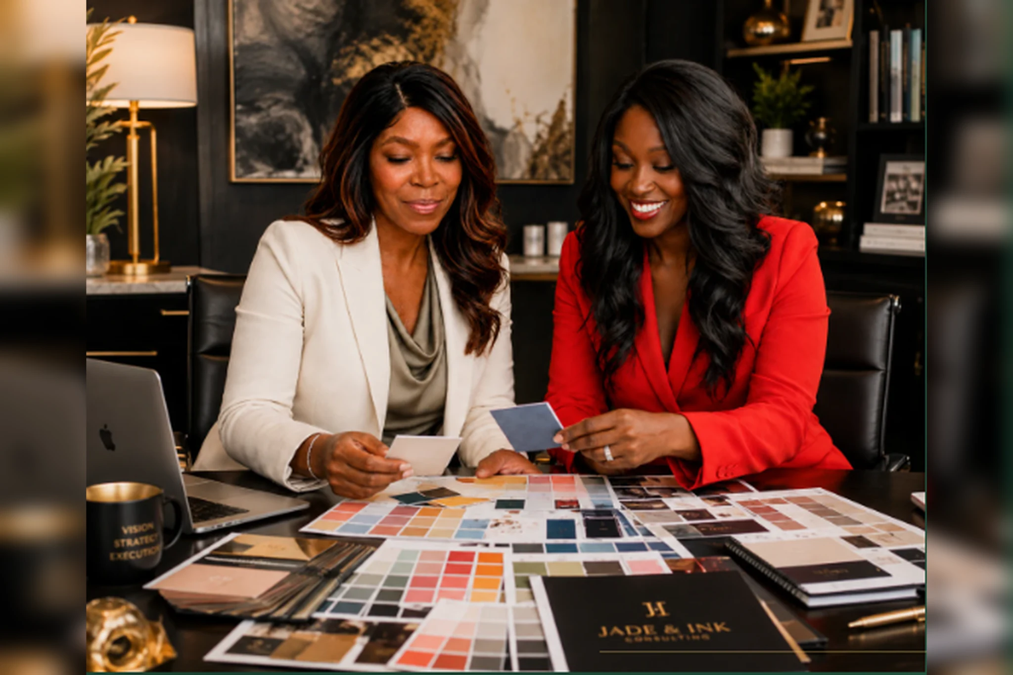 Two Jade & Ink creative partners reviewing brand materials together